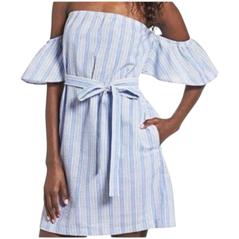 Mimi Chica Women’s‎ Off-Shoulder Blue Seersucker Mini Dress  Sz S